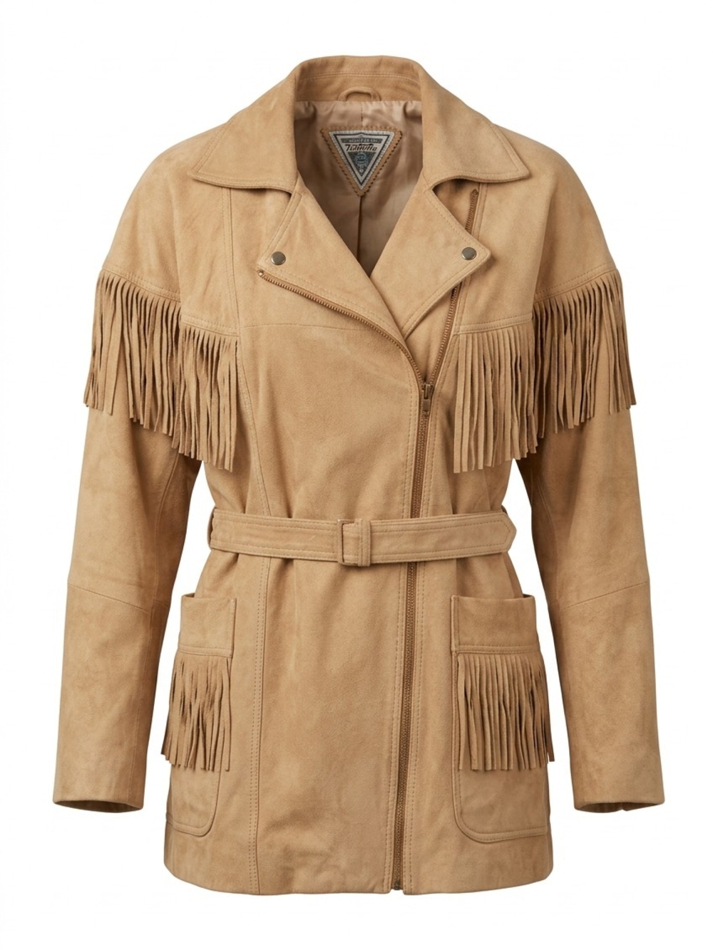 KMarvin Richards Tan Suede Fringe Belted Leather Jacket Size Medium